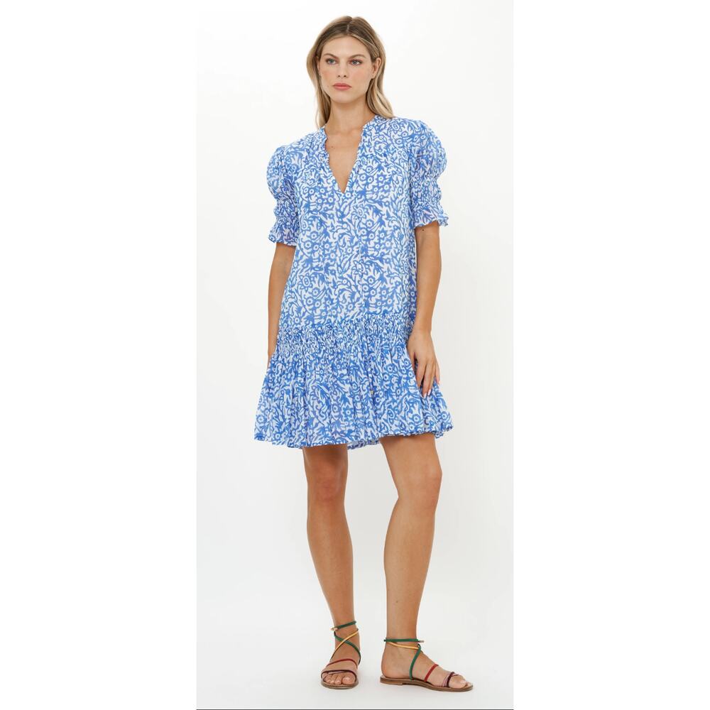 OLIPHANT Tuckernuck Smocked Drop Waist Mini Dress Cypress Blue Print S - Picture 2 of 10